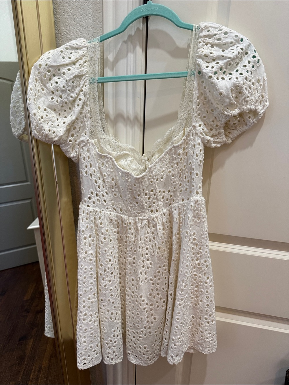 For Love And Lemons “Becca” White Eyelet Puff-Sleeve Mini Dress